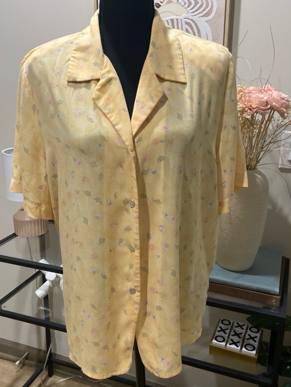 Vintage Yellow Floral Button-Front Short Sleeve Blouse - Picture 1 of 4